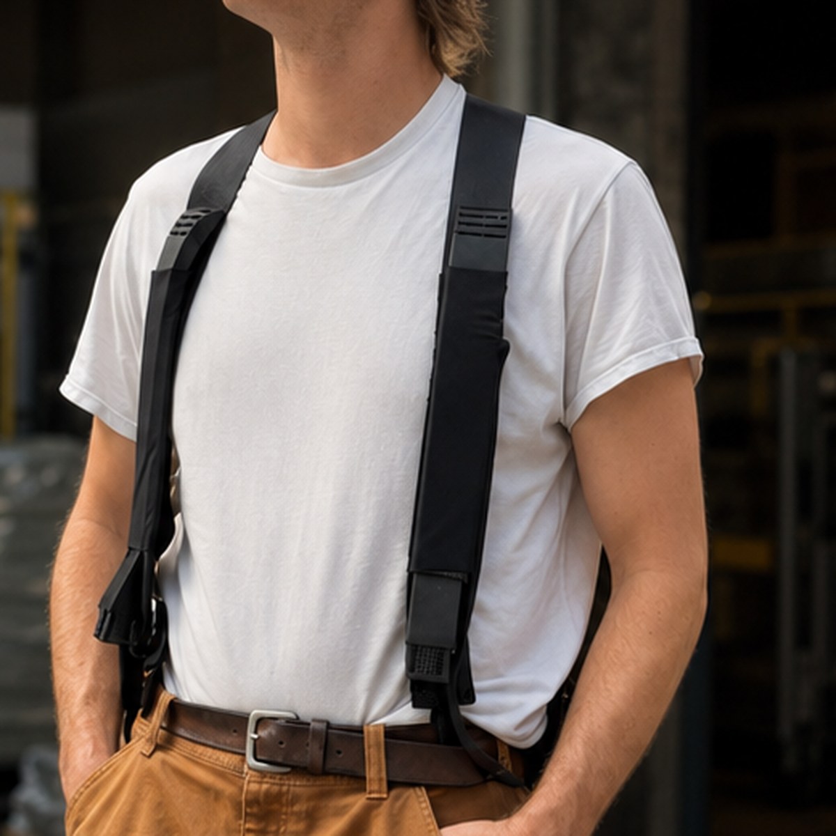 A worker wearing Clema, the solid-state active cooling vest, on an industrial site