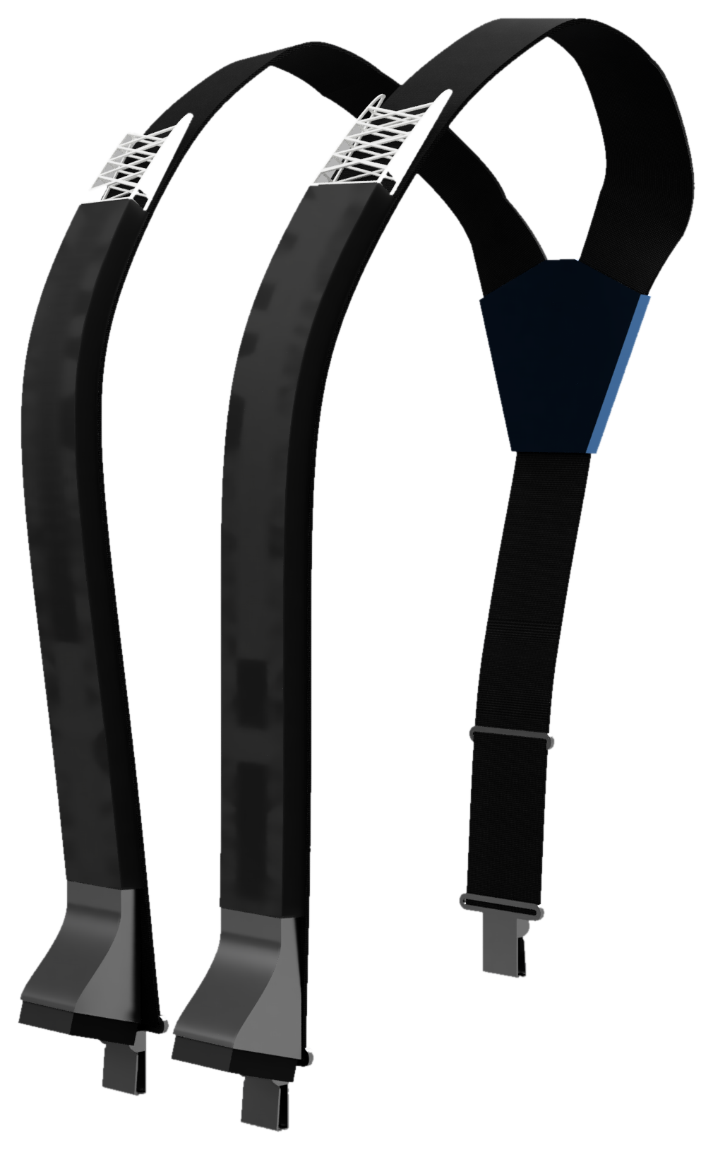 Front view of the Clema solid-state active cooling vest, a suspender form factor with cooling modules on the straps