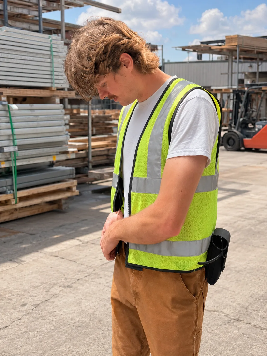 Worker adjusting a Clema solid-state active cooling vest worn under a hi-vis vest on a job site