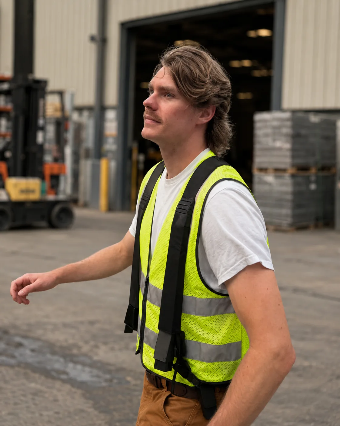 Warehouse worker wearing a Clema solid-state active cooling vest under a hi-vis vest at a loading dock