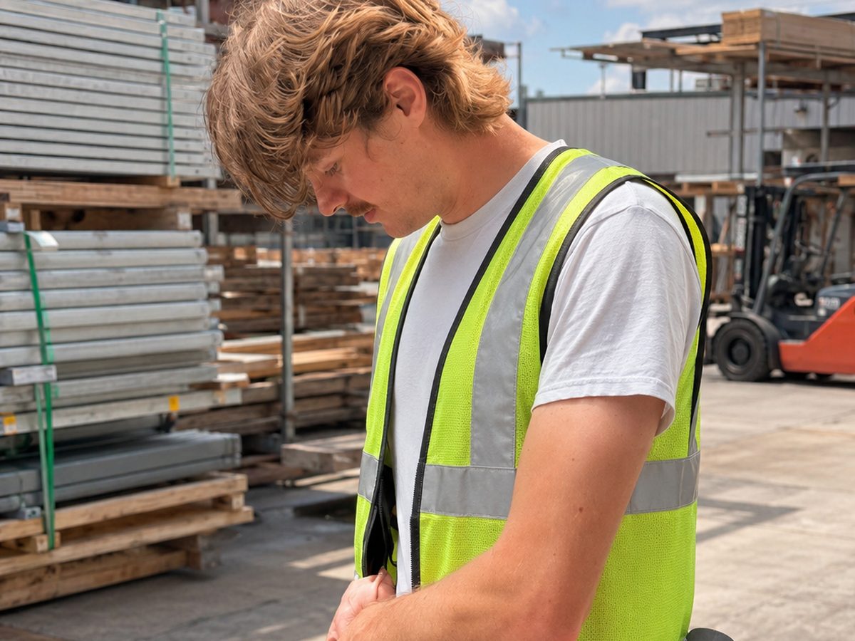 Worker checking how a cooling vest sits against the torso underneath a hi-vis vest on a job site