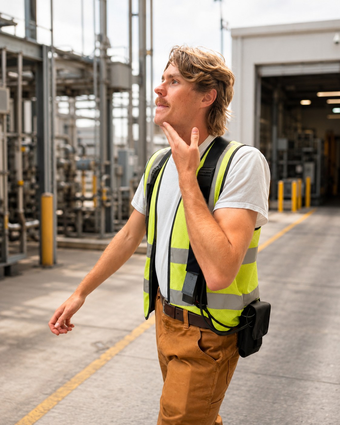An industrial worker wearing a Clema cooling vest under an open hi-vis vest, with the battery at the waist