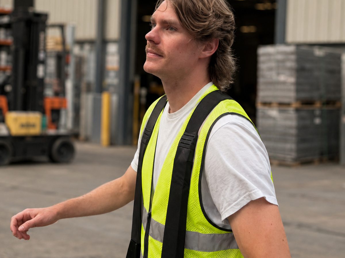 Warehouse worker on a loading dock wearing a hi-vis vest over a Clema battery powered cooling vest