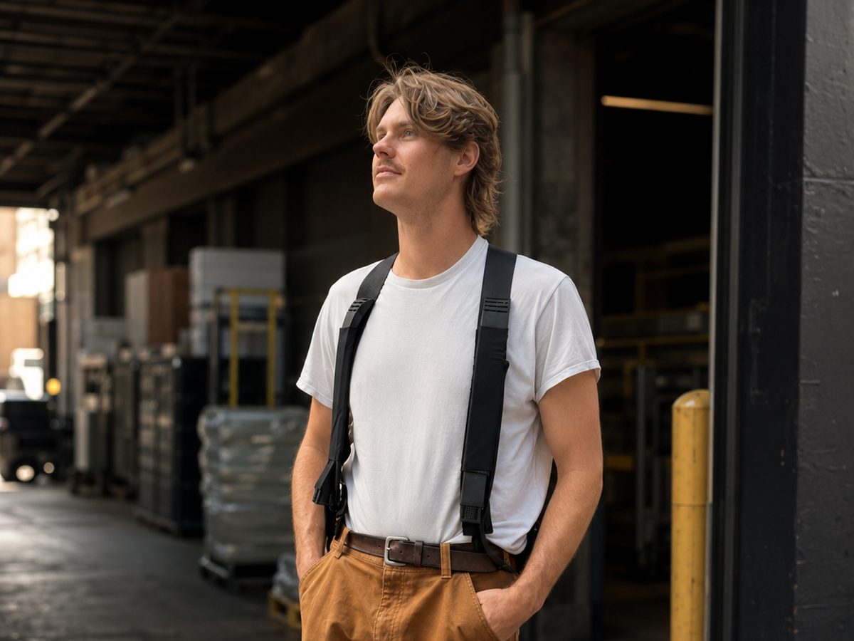 Clema, the solid-state active cooling vest, worn over a t-shirt at a loading dock