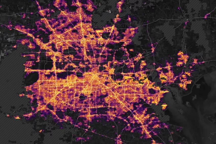 Satellite heat map of Houston showing the urban heat island in orange and purple