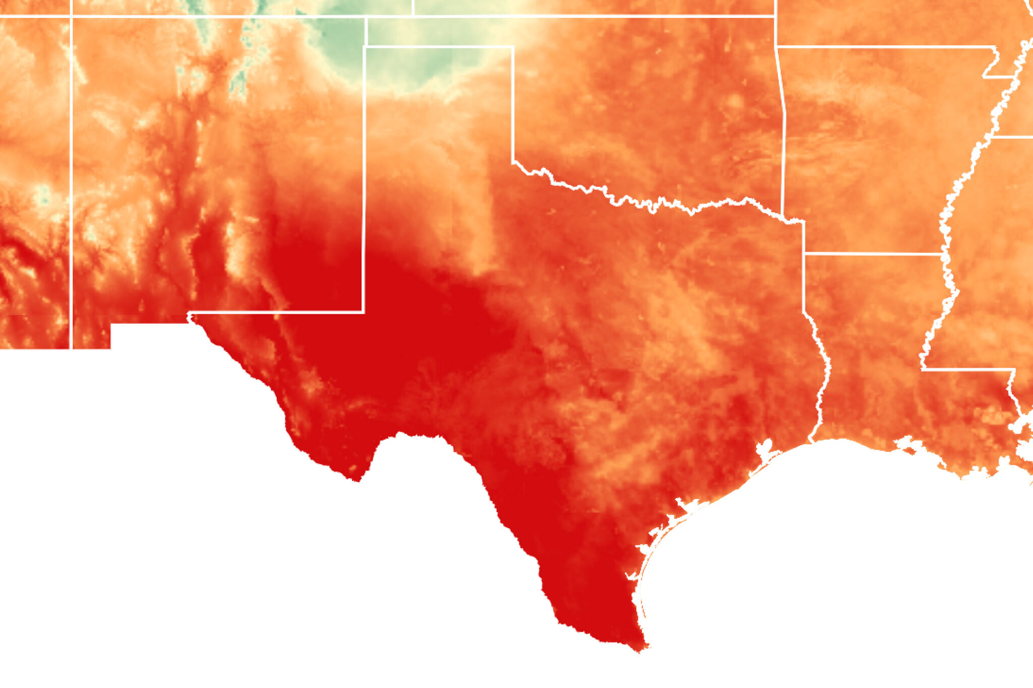 Surface temperature map of Texas and the Gulf South at a summer peak, with nearly the entire state saturated in the highest heat band