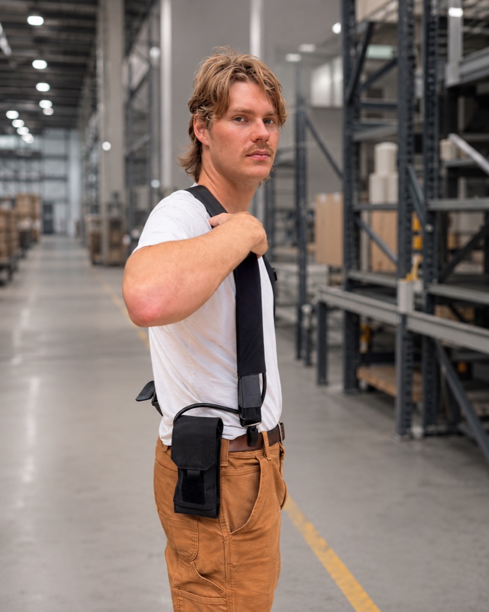 Warehouse worker wearing a Clema cooling vest in a distribution center