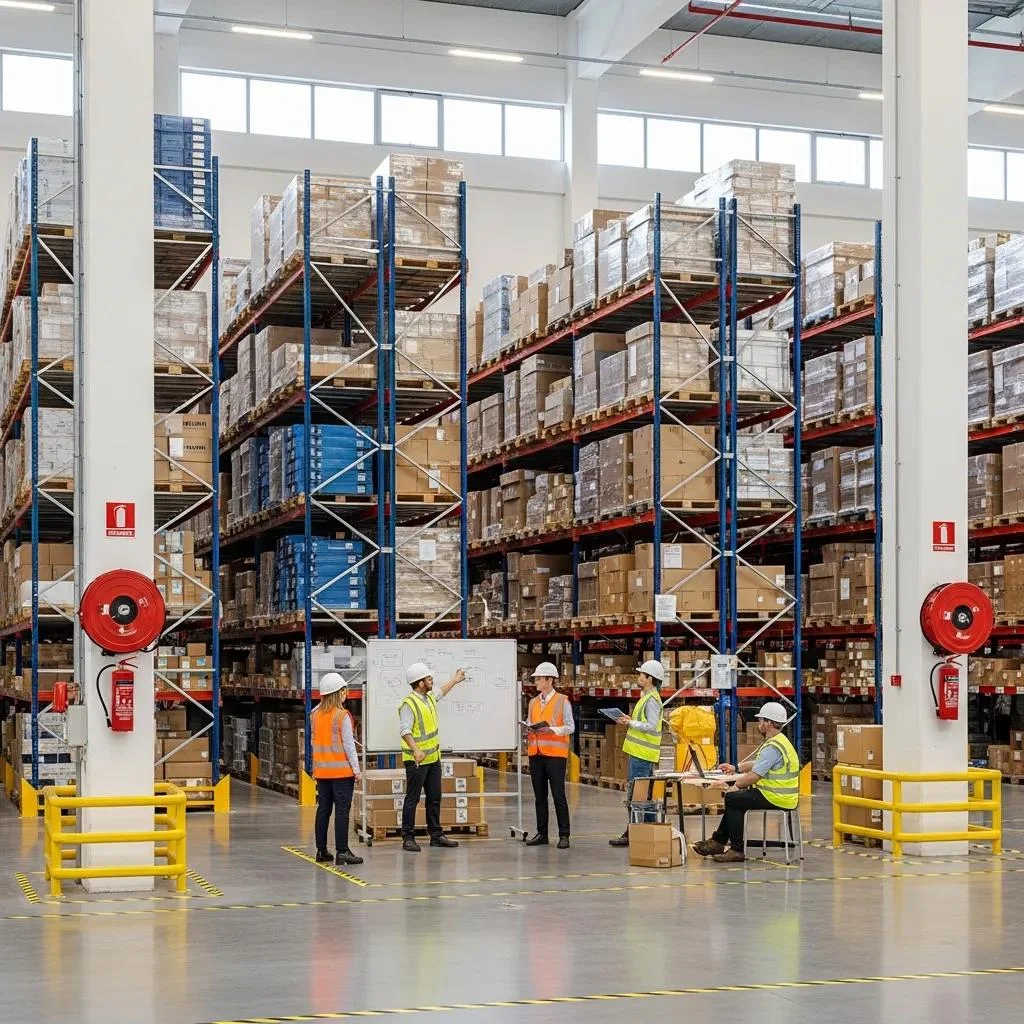 Workers in hi-vis vests on the floor of a large warehouse with tall shelving